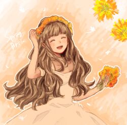 Rule 34 | 1girl, ^ ^, bad drawr id, bad id, blush, bouquet, brown hair, character request, closed eyes, copyright request, dress, english text, flower, gradient background, happy, head wreath, holding, holding bouquet, long hair, looking at viewer, megamegaglass, open mouth, orange background, orange flower, orange theme, outline, smile, solo, wavy hair, white dress, white outline