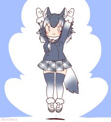 Rule 34 | 1girl, animal ears, arms up, blazer, blue background, coroha, extra ears, full body, gloves, grey hair, grey wolf (kemono friends), jacket, jumping, kemono friends, long hair, looking at viewer, necktie, shoes, simple background, skirt, solo, tail, thighhighs, wolf ears, wolf girl, wolf tail