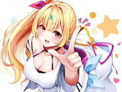 Rule 34 | 1girl, bare shoulders, blonde hair, breasts, brown eyes, cleavage, commentary request, hair intakes, hair ornament, hair ribbon, hairclip, heterochromia, highres, hoshikawa sara, hoshikawa sara (1st costume), index finger raised, jacket, long hair, long sleeves, medium breasts, minato yu, nail polish, nijisanji, notice lines, off shoulder, open clothes, open jacket, red eyes, red nails, ribbon, side ponytail, solo, star (symbol), starry background, strap slip, tank top, v-shaped eyebrows, very long hair, virtual youtuber, white jacket, white tank top, x hair ornament
