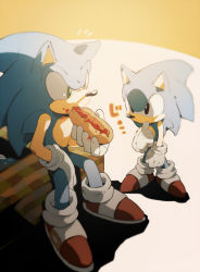 Rule 34 | 2boys, ^^^, aoki (fumomo), black eyes, dual persona, eating, food, furry, furry male, gloves, green eyes, holding, holding food, hot dog, male focus, multiple boys, red footwear, shoes, sitting, sneakers, sonic (series), sonic generations, sonic the hedgehog, sonic the hedgehog (classic), standing, white gloves