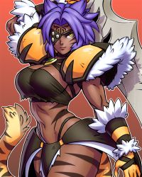 Rule 34 | 1girl, armor, barbarian, breasts, commentary, dark-skinned female, dark skin, english commentary, eyepatch, faulds, fur trim, highres, holding, holding sword, holding weapon, large breasts, looking at viewer, luigiix, navel, outline, over shoulder, purple hair, red background, shia kahn, shoulder armor, slit pupils, solo, sword, sword over shoulder, tail, tattoo, tiger girl, tiger stripes, tiger tail, toned, vambraces, varvarion, weapon, weapon over shoulder, white outline, yellow eyes