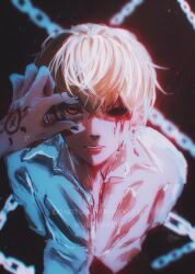 Rule 34 | 1boy, black nails, blonde hair, blood, blood on face, bound, chain, collared shirt, dark background, from above, hair between eyes, highres, hunter x hunter, kurapika, kuronaken1, long sleeves, male focus, one eye closed, parted lips, red background, red eyes, shirt, short hair, simple background, solo, tied up (nonsexual), twitter username, white shirt
