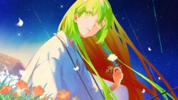 Rule 34 | 1other, alternate hair color, androgynous, enkidu (fate), fate/grand order, fate (series), flower, gradient hair, grass, green eyes, green hair, holding, holding flower, long hair, long sleeves, looking to the side, multicolored hair, natori (na to ri e), night, night sky, outdoors, parted lips, petals, pink flower, red hair, robe, rock, shooting star, sky, solo, star (sky), starry sky, two-tone hair, white flower, white robe, wind