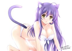 Rule 34 | 10s, 1girl, 2014, ahoge, all fours, animal ears, artist name, bikini, blush, borrowed character, breasts, cat ears, cat tail, cleavage, dated, large breasts, long hair, looking at viewer, open mouth, original, purple hair, simple background, solo, swimsuit, tail, the-sinner, white background, white bikini, yellow eyes