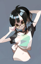 Rule 34 | 1girl, amiami, black hair, character request, female focus, glasses, highres, nail polish, navel, shirt, smile, solo, symbol-shaped pupils, tied shirt