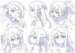 Rule 34 | 1girl, ;o, asagumo (kancolle), blush, bow, closed mouth, collarbone, collared shirt, commentary request, crossed bandaids, greyscale, hair bow, hair down, hair rings, highres, kantai collection, long hair, monochrome, multiple views, nude, one eye closed, open mouth, ponytail, shirt, simple background, smile, suspenders, teeth, tenshin amaguri (inobeeto), translation request, twintails, upper teeth only, v-shaped eyebrows, wet, wet hair, white background