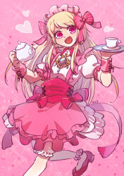 Rule 34 | 1girl, :d, alternate costume, apron, blonde hair, bloomers, chaos marie (grimms notes), cup, grimms notes, hair ribbon, heart, heart-shaped pupils, holding, holding plate, holding teapot, jewelry, long hair, maid, maid headdress, open mouth, pendant, pink background, pink eyes, plate, puffy short sleeves, puffy sleeves, red footwear, ribbon, shoes, short sleeves, smile, solo, symbol-shaped pupils, teacup, teapot, underwear, walking, yozumi (caballero 423)