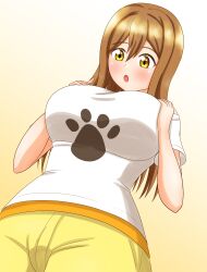 Rule 34 | 1girl, absurdres, alternate breast size, blush, breasts, brown eyes, brown hair, gradient background, hands on own chest, highres, huge breasts, kunikida hanamaru, long hair, looking at breasts, looking down, love live!, love live! sunshine!!, marurumadoka, open mouth, simple background, solo, standing