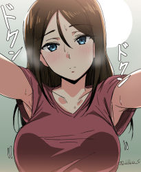 Rule 34 | 10s, 1girl, armpit peek, armpits, artist name, blue eyes, blush, breasts, brown hair, commentary request, girls und panzer, hair between eyes, hanging breasts, large breasts, long hair, looking at viewer, motion lines, nonna (girls und panzer), one-hour drawing challenge, reaching, reaching towards viewer, shirt, solo, sweat, t-shirt, taut clothes, taut shirt, upper body, yusukesan