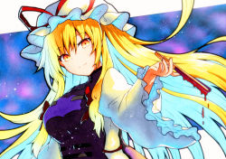 Rule 34 | 1girl, blonde hair, breasts, closed mouth, dress, folding fan, hand fan, hat, hat ribbon, highres, holding, light smile, long hair, long sleeves, looking at viewer, mob cap, qqqrinkappp, ribbon, sidelocks, solo, tabard, touhou, traditional media, upper body, white dress, wide sleeves, yakumo yukari, yellow eyes