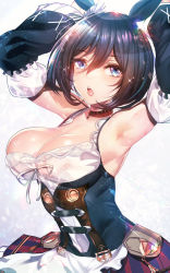 Rule 34 | 1girl, animal ears, armpits, arms up, black hair, blue eyes, blue ribbon, bow, breasts, choker, cleavage, commentary request, detached sleeves, ear ribbon, eishin flash (umamusume), hair between eyes, highres, horse ears, horse girl, large breasts, looking at viewer, mole, mole on breast, open mouth, red choker, revision, ribbon, see-through, short hair, silly (marinkomoe), solo, umamusume