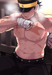 Rule 34 | 1boy, abs, bandaged hand, bandages, bara, black hair, black pants, blood, blood from mouth, facial scar, golden kamuy, hat, injury, large pectorals, male focus, military hat, muscular, muscular male, navel, nipples, onnomono, pants, pectorals, scar, scar on arm, scar on cheek, scar on chest, scar on face, scar on mouth, scar on nose, short hair, solo, sugimoto saichi, topless male