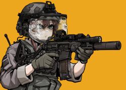 Rule 34 | 1girl, ammunition pouch, blue eyes, brown hair, closed mouth, combat helmet, commentary, commission, ear protection, english commentary, epakim, flashlight, foregrip, gloves, green gloves, grey jacket, gun, hair between eyes, helmet, highres, holding, holding weapon, jacket, looking ahead, microphone, optical sight, original, bulletproof vest, pouch, rifle, sig mcx, sleeves rolled up, solo, suppressor, termichan (not-a-bot), transparent, trigger discipline, upper body, visor (armor), weapon, yellow background