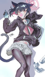 Rule 34 | 1girl, absurdres, animal ears, bad id, bad pixiv id, barcode, black pantyhose, blue archive, blush, bottle, blowing bubbles, cat ears, cat girl, cat tail, chewing gum, choker, closed mouth, colored inner hair, feet out of frame, gloves, hair ornament, hairclip, halo, hand in pocket, highres, hood, hood down, hooded jacket, jacket, kazusa (blue archive), long sleeves, looking at viewer, midriff peek, miniskirt, multicolored hair, navel, neckerchief, orange eyes, pantyhose, ryoma (rym 369), sailor collar, skirt, solo, tail, water bottle, white skirt