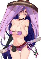 Rule 34 | 1girl, armlet, ashino, bikini, black gloves, blush, breasts, cleavage, closed mouth, collarbone, commentary request, covered erect nipples, cowboy shot, elbow gloves, eyepatch bikini, fate/grand order, fate (series), gloves, hand on own face, hat, highres, holding, holding sword, holding weapon, large breasts, long hair, looking at viewer, minamoto no raikou (fate), minamoto no raikou (swimsuit lancer) (first ascension) (fate), navel, purple bikini, purple eyes, purple hair, rope, side-tie bikini bottom, single glove, smile, solo, standing, stomach, swimsuit, sword, thigh gap, transparent, very long hair, weapon