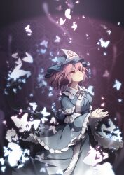 Rule 34 | 1girl, absurdres, blue hat, blue kimono, bug, butterfly, fingernails, frilled kimono, frilled sleeves, frills, hat, highres, insect, japanese clothes, kimono, kozakura (dictionary), long sleeves, looking away, looking up, mob cap, open mouth, pink eyes, pink hair, saigyouji yuyuko, short hair, solo, touhou, triangular headpiece, upper body, wide sleeves
