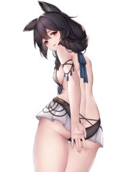 Rule 34 | 1girl, absurdres, animal ears, ass, back, bare shoulders, black hair, blush, breasts, butt crack, covering privates, covering ass, erune, from behind, granblue fantasy, hair between eyes, hair over shoulder, highres, long hair, looking at viewer, looking back, nier (granblue fantasy), nier (lover by the lily lake) (granblue fantasy), open mouth, red eyes, simple background, solo, swimsuit, white background, ym (distance819)