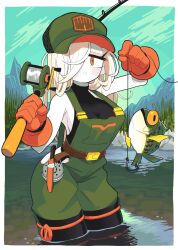 Rule 34 | 1girl, black shirt, cloud, colored skin, day, fish, fishing hook, fishing line, fishing rod, gashi-gashi, gloves, green hat, green overalls, hair over one eye, hat, highres, holding, holding fishing rod, lake, long hair, looking at viewer, orange eyes, orange gloves, original, outdoors, overalls, partially submerged, shirt, sky, sleeveless, solo, standing, tree, water, white hair, white skin