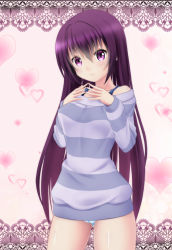 Rule 34 | 1girl, bare shoulders, blush, breasts, cameltoe, covered erect nipples, gochuumon wa usagi desu ka?, heart, highres, long hair, looking at viewer, nipples, nonaka chikin, off-shoulder, off-shoulder sweater, off shoulder, panties, pantyshot, purple eyes, purple hair, smile, solo, standing, striped clothes, striped sweater, sweater, tedeza rize, underwear