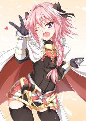 Rule 34 | 1boy, ;d, astolfo (fate), black thighhighs, blush, braid, cape, commentary request, fang, fate/apocrypha, fate (series), fur-trimmed cape, fur trim, garter straps, gauntlets, hair ribbon, heart, long hair, looking at viewer, male focus, one eye closed, open mouth, pink hair, purple eyes, ribbon, sayossa (pak-front), single braid, smile, solo, thick thighs, thighhighs, thighs, trap, v