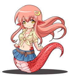 Rule 34 | 10s, 1girl, belt, blush, breasts, chibi, cleavage, fang, female focus, full body, hair ornament, hairclip, lamia, large breasts, long hair, looking at viewer, miia (monster musume), monster girl, monster musume no iru nichijou, navel, oborogumo takamitsu, pointy ears, red hair, scales, shirt, simple background, skirt, slit pupils, smile, solo, tied shirt, white background, yellow eyes