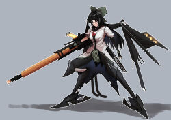 Rule 34 | 1girl, absurdres, adapted costume, arm cannon, black hair, bow, closed mouth, commentary request, green bow, grey background, hair bow, highres, long hair, looking at viewer, mechanical wings, red eyes, reiuji utsuho, shirt, simple background, solo, third eye, touhou, weapon, white shirt, wings, yagoro kusuriya