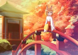 Rule 34 | 1girl, animal ears, architecture, bad id, bad pixiv id, blonde hair, blue eyes, east asian architecture, fox ears, fox tail, gedou (shigure seishin), hair ornament, hairclip, hakama, hakama skirt, japanese clothes, looking at viewer, looking back, miko, nature, original, outdoors, red hakama, short hair, sitting, skirt, smile, solo, sunlight, sunset, tail