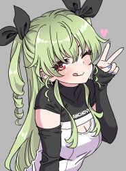 Rule 34 | 1girl, :q, absurdres, anchovy (girls und panzer), apron, black shirt, black sleeves, blue nails, character name, commentary request, eyebrows hidden by hair, girls und panzer, green hair, grey background, hair ornament, highres, long hair, red eyes, shirt, simple background, smile, solo, tongue, tongue out, v, very long hair, white apron, yamashita shun&#039;ya