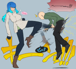 Rule 34 | 1boy, 1girl, ball busting, bdsm, blue eyes, blue hair, boots, breasts, cbt, coat, crotch kick, denim, faceless, faceless male, gradient hair, high heel boots, high heels, highres, impossible clothes, jeans, kicking, large breasts, long hair, multicolored hair, original, pain, pants, pantyhose, ponytail, sidelocks, spacezin, tsurime, winter clothes, zoe (spacezin)