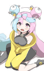 Rule 34 | 1girl, bare shoulders, blue hair, blush, character hair ornament, creatures (company), dizzy, eyelashes, game freak, hair ornament, highres, iono (pokemon), jacket, long hair, long sleeves, multicolored hair, nintendo, open mouth, pink eyes, pink hair, pokemon, pokemon sv, single leg pantyhose, sitting, sleeves past fingers, sleeves past wrists, solo, teeth, two-tone hair, upper teeth only, user tyud3887, very long hair, wariza, white background, yellow jacket
