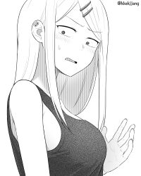 Rule 34 | 1girl, alternate breast size, blush, breasts, clip studio paint (medium), dagashi kashi, ear piercing, endou saya, fingernails, from side, greyscale, hair ornament, hairclip, hand up, highres, long hair, looking at viewer, looking to the side, medium breasts, monochrome, open mouth, piercing, shirt, simple background, solo, texus, twitter username, upper body, white background