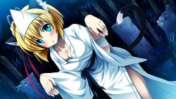 Rule 34 | 1girl, animal ears, blonde hair, blush, breasts, cat ears, cat tail, cleavage, forest, game cg, green eyes, hitotsu tobashi ren&#039;ai, japanese clothes, kimono, kotobuki risa, looking at viewer, nature, night, short hair, solo, standing, tail