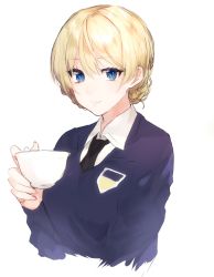 Rule 34 | 10s, 1girl, black necktie, blonde hair, blue eyes, blue sweater, braid, closed mouth, commentary, cropped torso, cup, darjeeling (girls und panzer), dress shirt, emblem, funyo (masa), girls und panzer, highres, holding, long sleeves, looking at viewer, necktie, school uniform, shirt, short hair, simple background, sketch, smile, solo, st. gloriana&#039;s school uniform, sweater, teacup, twin braids, upper body, v-neck, white background, white shirt, wing collar