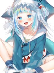Rule 34 | 1girl, :d, aimi (mimi nii2), animal hood, blue eyes, blue hair, blue jacket, collarbone, fins, fish tail, gawr gura, gawr gura (1st costume), hair ornament, highres, hololive, hololive english, hood, indian style, jacket, long sleeves, looking at viewer, medium hair, multicolored hair, open mouth, shark girl, shark hood, shark tail, sharp teeth, shoes, simple background, sitting, smile, solo, tail, teeth, two-tone hair, upper teeth only, virtual youtuber, white background, white footwear, white hair