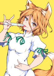 Rule 34 | 1girl, animal ears, blonde hair, breasts, fox ears, fox girl, fox tail, green ribbon, hair between eyes, highres, holding, holding test tube, ishimu, kudamaki tsukasa, leaning to the side, licking, licking object, looking at viewer, medium breasts, medium hair, neck ribbon, puffy short sleeves, puffy sleeves, ribbon, short sleeves, simple background, sleeve ribbon, solo, tail, test tube, tongue, tongue out, touhou, white romper, yellow background, yellow eyes