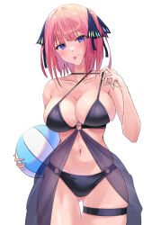 Rule 34 | 1girl, :p, ball, bare shoulders, beachball, bikini, black bikini, black ribbon, blue eyes, blunt bangs, blush, bob cut, breasts, butterfly hair ornament, cleavage, closed mouth, clothes pull, collarbone, commentary request, gluteal fold, go-toubun no hanayome, hair ornament, hair ribbon, highres, holding, holding ball, holding beachball, large breasts, looking at viewer, nakano nino, navel, o-ring, pink hair, ribbon, sidelocks, simple background, skindentation, solo, standing, stomach, string bikini, swimsuit, thigh strap, thighs, tongue, tongue out, two side up, uyufuzi s, white background