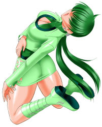 Rule 34 | 1girl, alternate color, arched back, ass, boots, breasts, cleavage, cleavage cutout, clothing cutout, cropped jacket, earrings, green footwear, green hair, green skirt, green theme, hair over eyes, jewelry, jumping, knee boots, large breasts, leotard, long hair, miniskirt, mokkouyou bond, player 2, ponytail, shermie (kof), skirt, solo, split ponytail, the king of fighters, thighs