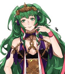 Rule 34 | 1girl, braid, breasts, cleavage, fire emblem, fire emblem: three houses, green eyes, green hair, hair ornament, highres, jewelry, long hair, medium breasts, nintendo, parted lips, pointy ears, ribbon braid, ring, sakuremi, simple background, solo, sothis (fire emblem), tiara, twin braids, upper body, white background