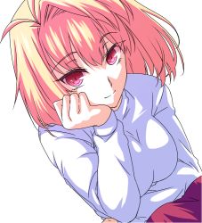 Rule 34 | 1girl, arcueid brunestud, bad id, bad pixiv id, blonde hair, bob cut, eteraito, head rest, light smile, long sleeves, looking at viewer, red eyes, short hair, slit pupils, solo, tsukihime, white background