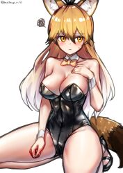 Rule 34 | 1girl, animal ears, black leotard, blonde hair, blush, bow, bowtie, breasts, cleavage, covered navel, detached collar, extra ears, ezo red fox (kemono friends), fox ears, fox tail, grey hair, hair between eyes, highleg, highleg leotard, highres, kemono friends, kemono friends 3, kittysuit, large breasts, leotard, long hair, multicolored hair, nontraditional playboy bunny, riro (breakthrough rr), squiggle, strapless, strapless leotard, tail, wrist cuffs