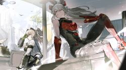 Rule 34 | 2girls, arm support, arm up, bird, blue eyes, bokyo, box, breasts, carrying, charolic (girls&#039; frontline 2), cityscape, floating hair, general-purpose machine gun, girls&#039; frontline, girls&#039; frontline 2: exilium, grey hair, gun, gun sling, hand on own knee, holding, holding box, long hair, looking to the side, machine gun, medium breasts, medium machine gun, multiple girls, parted lips, pecheneg-sp, peritya (girls&#039; frontline 2), pkp pecheneg, red eyes, sitting, tree, weapon