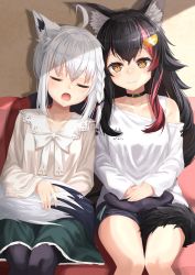 Rule 34 | 2girls, absurdres, ahoge, animal ear fluff, animal ears, black choker, black hair, black shorts, braid, choker, closed eyes, collarbone, commentary request, couch, fox ears, fox girl, fox tail, green skirt, hair between eyes, hair ornament, hairclip, highres, holding tail, hololive, long hair, looking at viewer, multicolored hair, multiple girls, ookami mio, ookami mio (casual), open mouth, pantyhose, pentagram, red hair, saliva, shadow, shirakami fubuki, shirakami fubuki (street), shirt, shorts, sidelocks, single braid, sitting, skirt, starkamisan, tail, two-tone hair, virtual youtuber, white hair, white shirt, wolf ears, wolf girl, wolf tail, yellow eyes