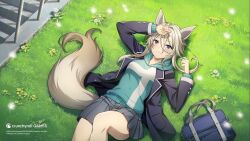 Rule 34 | 1girl, :3, animal ears, aqua hoodie, bag, black jacket, blonde hair, blue bag, cat ears, cat girl, cat tail, closed mouth, commentary, english commentary, grass, grey skirt, hair between eyes, highres, jacket, kage no jitsuryokusha ni naritakute!, looking at viewer, lying, official art, on back, on grass, pleated skirt, purple eyes, school bag, school uniform, short hair with long locks, skirt, smile, solo, tail, zeta (kage no jitsuryokusha ni naritakute!)