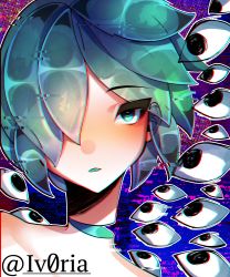 Rule 34 | 1other, absurdres, androgynous, bad id, bad pixiv id, commentary request, crystal hair, disembodied head, glitch, green eyes, green hair, highres, houseki no kuni, iv0ria, looking at viewer, one eye closed, open mouth, phosphophyllite, purple background, short hair, solo, tagme, twitter username