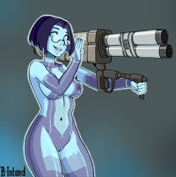 Rule 34 | 1girl, bintend9, breasts, cortana, female focus, glasses, halo (game), nipples, pussy, text focus, weapon