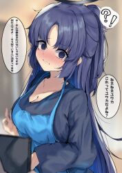 Rule 34 | 1girl, apron, blue apron, blue archive, blush, breasts, cellphone, cleavage, closed mouth, collarbone, fake screenshot, halo, housewife, karappo (poket12), large breasts, long hair, long sleeves, looking at viewer, mechanical halo, phone, ponytail, purple eyes, purple hair, smartphone, solo, speech bubble, translation request, yuuka (blue archive)