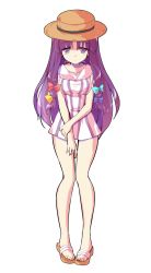 Rule 34 | 1girl, alphes (style), bare legs, blue bow, boater hat, bow, breasts, closed mouth, commentary request, dairi, dress, feet, full body, hair bow, hat, holding own wrist, legs together, long hair, looking down, medium breasts, parody, patchouli knowledge, purple bow, purple eyes, purple hair, red bow, sandals, short dress, sleeveless, sleeveless dress, solo, standing, straight-on, striped clothes, striped dress, style parody, tachi-e, touhou, transparent background, vertical-striped clothes, vertical-striped dress, yellow bow
