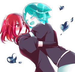 Rule 34 | 2others, androgynous, aqua hair, arms around neck, blush, cinnabar (houseki no kuni), closed eyes, colored eyelashes, colored skin, crystal hair, elbow gloves, gem uniform (houseki no kuni), gloves, hair between eyes, happy, highres, houseki no kuni, hug, long bangs, mercury (element), multiple others, open mouth, phosphophyllite, red eyes, red hair, short hair, smile, sou (mgn), white background, white skin