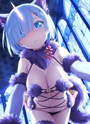 Rule 34 | 1girl, animal ears, bare shoulders, blue eyes, blue hair, blush, bow, breasts, cleavage, closed mouth, commentary request, cosplay, elbow gloves, fang, fang out, fate/grand order, fate (series), frown, fur-trimmed legwear, fur collar, fur trim, gloves, goribote, hair ornament, hair over one eye, hairclip, halloween costume, horns, large breasts, looking at viewer, mash kyrielight, mash kyrielight (dangerous beast), mash kyrielight (dangerous beast) (cosplay), navel, o-ring, official alternate costume, pink bow, purple gloves, purple legwear, re:zero kara hajimeru isekai seikatsu, rem (re:zero), revealing clothes, short hair, single horn, solo, sweatdrop, tail, thighs, wolf ears, wolf girl, wolf tail, x hair ornament