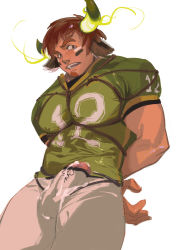 Rule 34 | 1boy, absurdres, american football uniform, animal ears, arms behind back, bara, bdsm, between pectorals, blush, bondage, bound, brown eyes, brown hair, bulge, cow boy, cow ears, cow horns, cowboy shot, cum, cum on clothes, dichuan (arriverw), erection, erection under clothes, facial hair, fiery horns, forked eyebrows, glowing horns, goatee, green shirt, highres, horns, large pectorals, looking at viewer, male focus, muscular, muscular male, pectorals, penis, penis peek, restrained, shirt, short hair, short sleeves, solo, sportswear, thick eyebrows, thick thighs, thighs, tight clothes, tight shirt, tokyo houkago summoners, wakan tanka